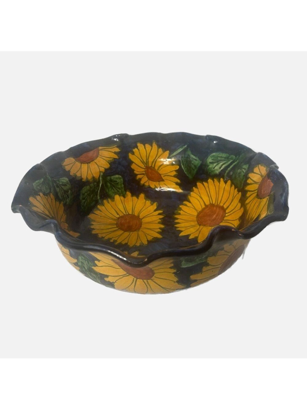 Vibrant Yellow and Green Sunflower Ceramic Art Bowl